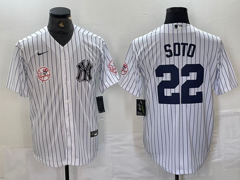Men New York Yankees 22 Soto White Stripe Second generation joint name Nike 2024 MLB Jersey style 1